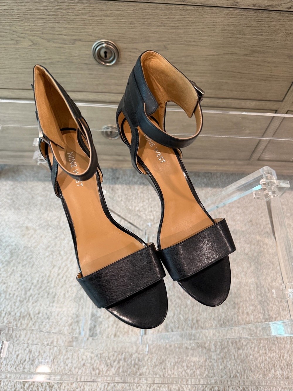 Nine West Black Open-Toe Ankle Strap Wedge Heels